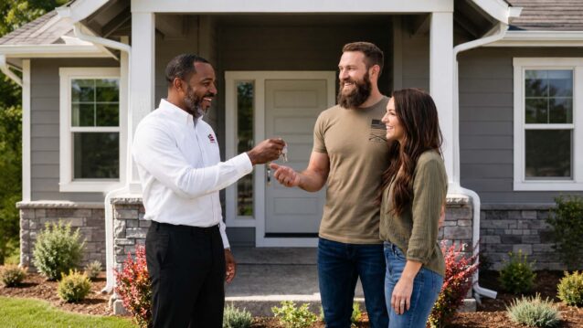 Homes for Heroes specialist Leroy handing house keys to a smiling couple, Matt and Brittany, outside their newly purchased gray suburban home.