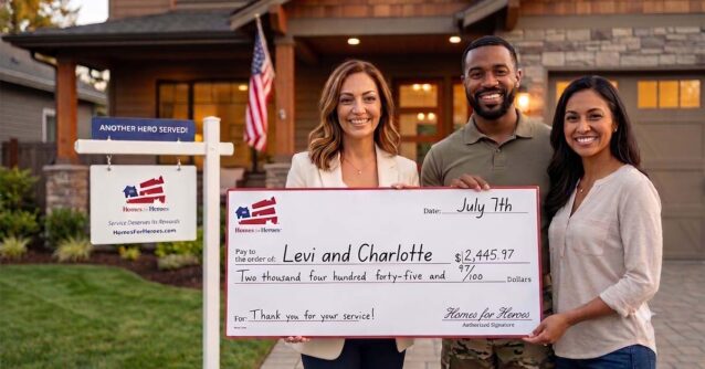 A real estate agent presenting a hero rewards savings check to a military couple in front of their new home, illustrating the financial advantages of Homes for Heroes vs other programs.