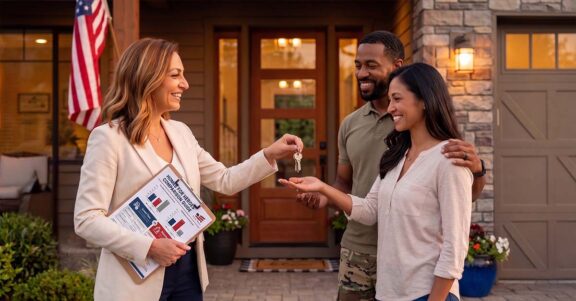 Compare hero savings and see which home buying program is right for you. A local real estate specialist holding a Homes for Heroes comparison guide clipboard hands house keys to a military couple, illustrating hero savings when evaluating Homes for Heroes vs other programs.
