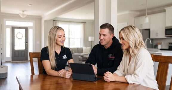 Reviewing home buying savings and benefits with a local specialist. Specialist Maya using an iPad to walk Mark and Shay through the real estate transaction process, outlining how the rewards system operates differently than a nonprofit like Building Homes for Heroes.