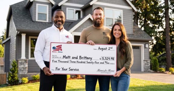 Realizing major savings through the Hero Rewards program after closing. Matt, Brittany, and specialist Leroy holding a giant Homes for Heroes reward check for $5,324.98 in front of a two-story house.