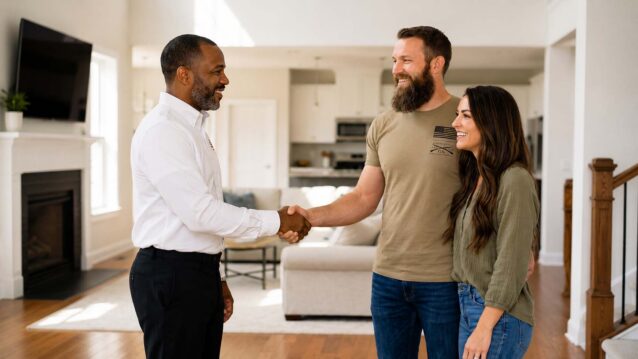 Homes for Heroes real estate specialist Leroy shaking hands with Matt and Brittany inside a bright, modern living room.