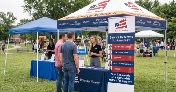 Homes for Heroes Booth: Stand out and differentiate as a Homes for Heroes affiliate Homes for Heroes outdoor event booth. A female real estate agent in a branded shirt speaks with two men. Prominent signs highlight the program's real estate savings for firefighters, law enforcement, military veterans, healthcare workers, and teachers, with the text 'Service Deserves Its Rewards' and agent contact fields. A large banner lists professions and includes a QR code.