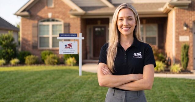 A smiling real estate agent wearing a black Homes for Heroes polo shirt stands with arms crossed in front of a brick house, next to a yard sign for the Homes for Heroes real estate affiliate program.