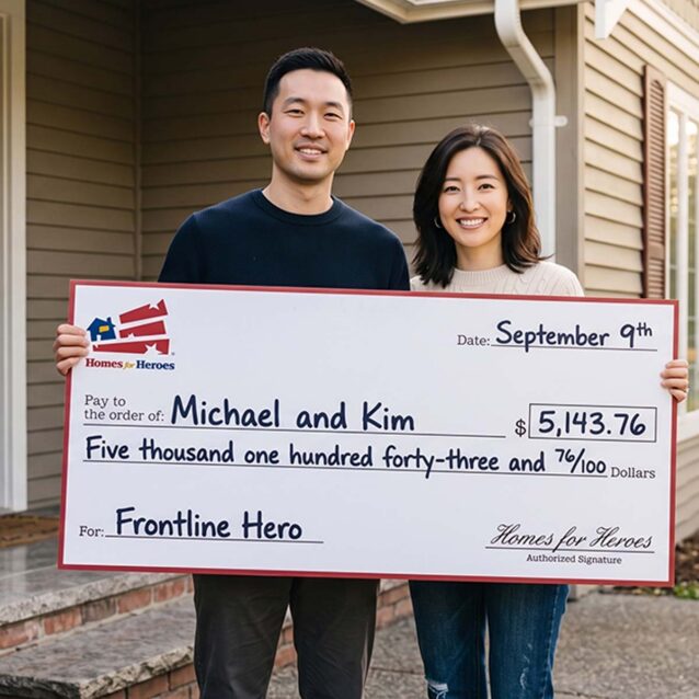 Frontline heroes Michael and Kim smiling together on their front steps while holding a Homes for Heroes reward check for $5,143.76.