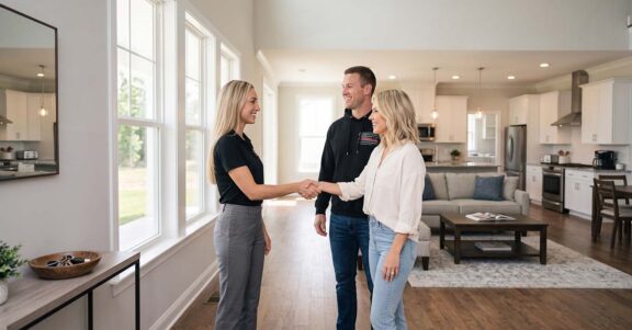 Connecting with a real estate specialist to secure hero rewards. Homes for Heroes affiliate specialist Maya shaking hands with Shay inside a newly purchased modern home, highlighting trusted community connections that contrast with charity models like Building Homes for Heroes.