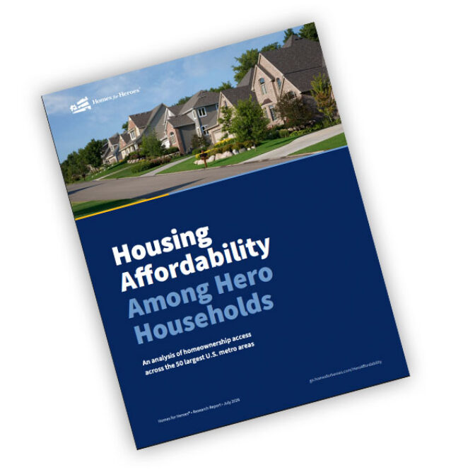 Cover of Homes for Heroes' "Housing Affordability Among Hero Households" report, analyzing affordable housing for essential workers across the 50 largest U.S. metro areas