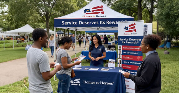 Homes for Heroes affiliate real estate partner greets community members at a local event booth, sharing program flyers to build local visibility and trust.