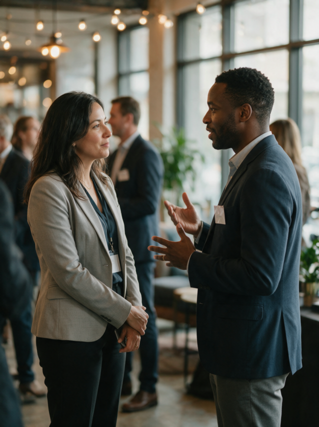 Two real estate professionals having a genuine, one-on-one conversation at an industry event.