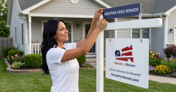 Homes for Heroes affiliate real estate partner hangs an "Another Hero Served" sign topper, showcasing the Hero Rewards program that helps agents stand out.