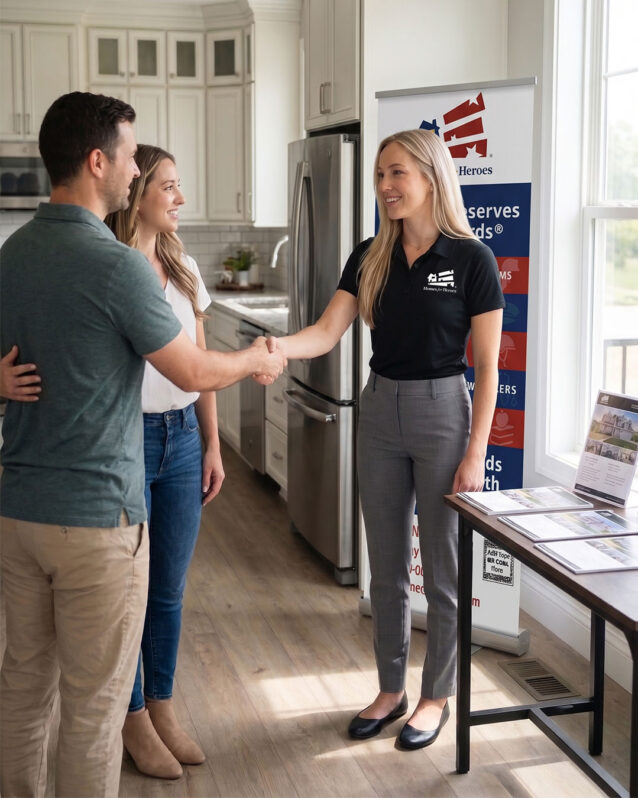 Homes for Heroes affiliate real estate specialist greets hero sellers at an open house, with listing flyers and a branded program banner on display.