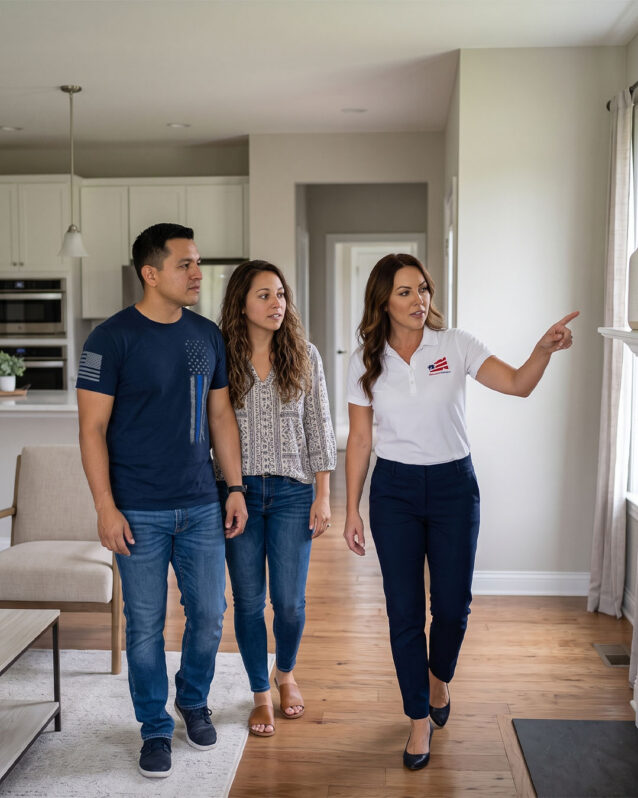 Homes for Heroes affiliate real estate specialist walks hero homebuyers Mario and Laura through a living room, pointing out the fireplace during a home tour.