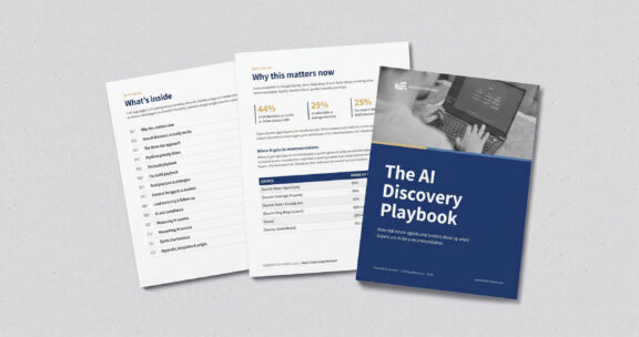 he AI Discovery Playbook displayed with interior pages featuring a table of contents and key AI search insights for real estate professionals.