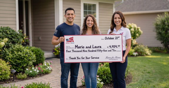 Homes for Heroes® affiliate real estate specialist presents hero homebuyers Mario and Laura with their Hero Rewards savings check outside their new home.