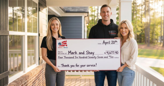 Hero sellers Mark and Shay hold their Homes for Heroes Hero Rewards savings check alongside their affiliate real estate specialist on their front porch.