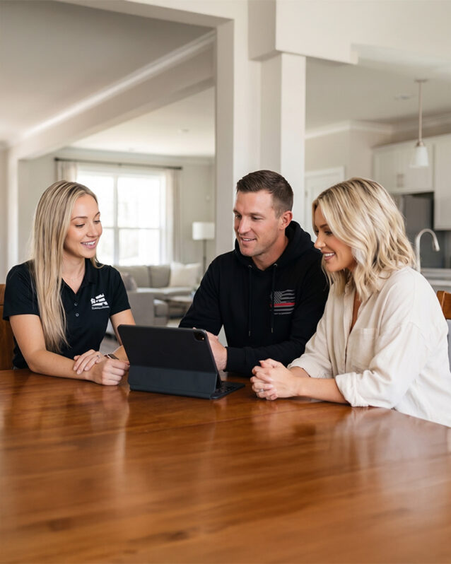 Hero sellers Mark and Shay review home-selling costs with their Homes for Heroes affiliate real estate specialist on a tablet at the kitchen table.