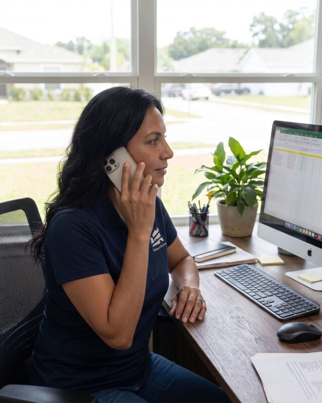 Real estate agent follows up with a prospective client by phone at her home office desk, tracking leads on her computer to stay responsive and organized.
