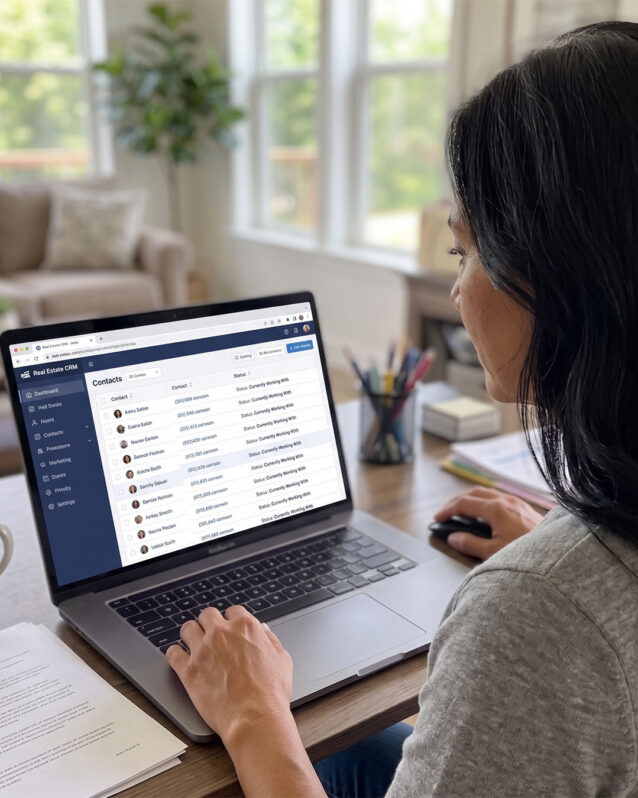 Real estate agent reviews a segmented client contact list on her laptop, organizing leads by niche audience to stand out in a crowded market.