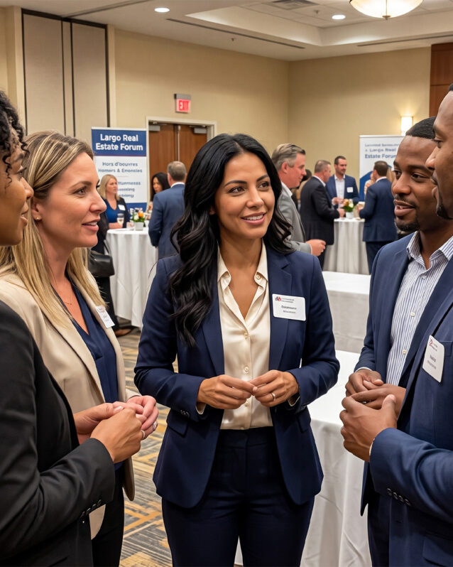 Real estate professionals build referral relationships at a local networking mixer, the kind of affiliate connection that helps generate real estate leads.