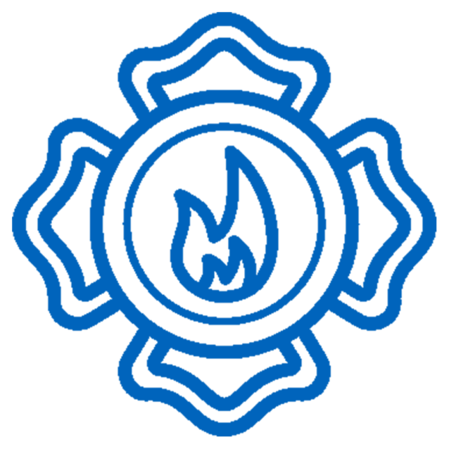 Blue firefighter badge icon with a flame, representing firefighters and EMS eligible for home buying savings