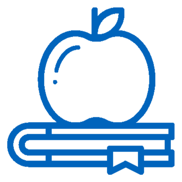 Blue apple on a stack of books icon, representing teachers eligible for home buying savings