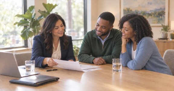 Real estate agent walking a young couple through their home buying options in a bright office