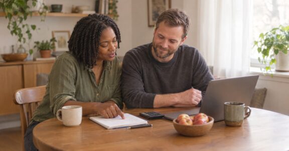 Couple reviewing their home budget on a laptop at the kitchen table to understand VA home loan benefits