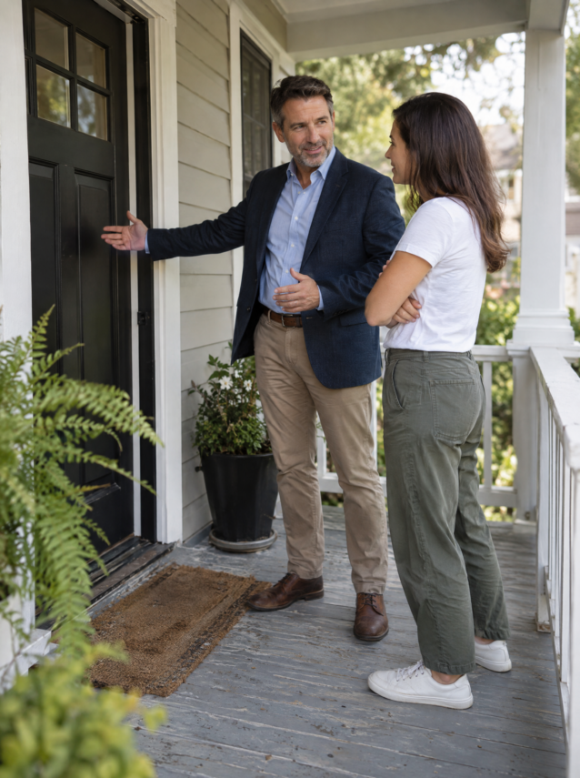 Homes for Heroes affiliate agent talking with a firefighter client at their home