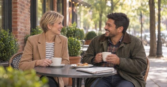 Real estate agent sharing coffee and conversation with a past client at a neighborhood café
