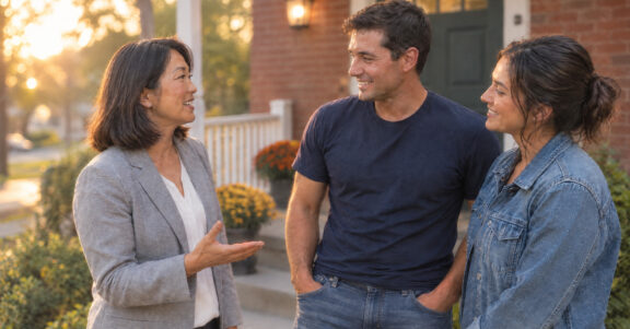 Real estate agent talking with a firefighter and his wife on the front porch of a brick home