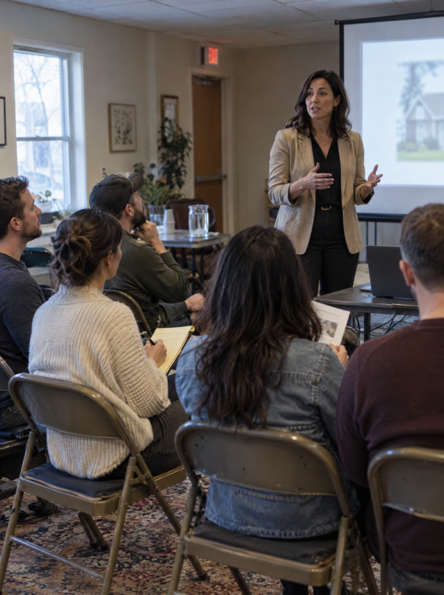 Real estate agent hosting a first-time buyer workshop to build client relationships