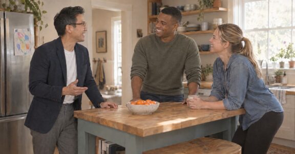 Real estate agent talking with a young couple at their kitchen island