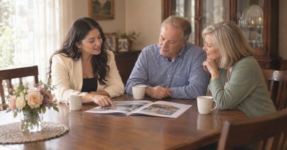 Real estate agent walking home sellers through a listing presentation at their dining table