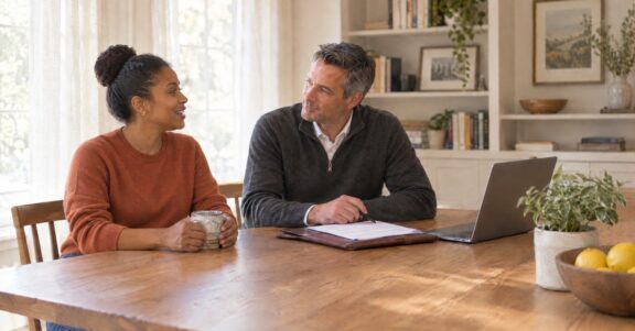 Real estate agent talking with a homeowner at a dining table in a bright, welcoming home