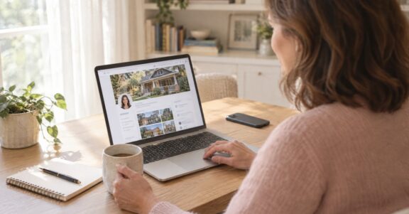 Real estate agent updating her Facebook business page on a laptop as part of her social media marketing