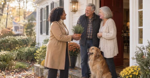 Real estate agent bringing a potted plant to past clients at their front door during a friendly check-in visit