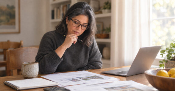 Real estate agent reviewing property documents and a laptop to plan the right mix of real estate income streams