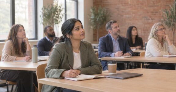 Real estate agent taking notes at a small training workshop to keep building her skills and grow her business
