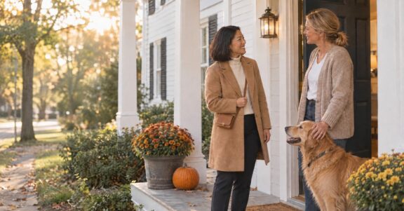 Real estate agent chatting with a past client and her golden retriever at the front door of her home