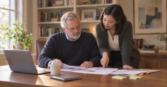 wo real estate agents reviewing printed reports and a laptop to track business growth metrics in a home office