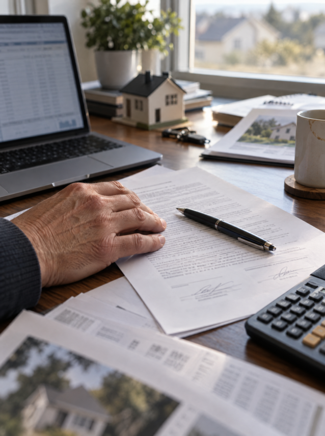 Real estate commission agreement and calculator on an agent's desk