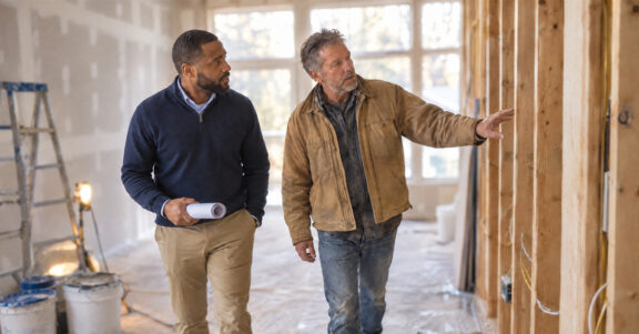 Real estate agent and contractor walking through a home renovation while evaluating a house flipping project
