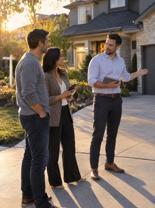 Real estate agent introducing a colleague to a referred client outside a home